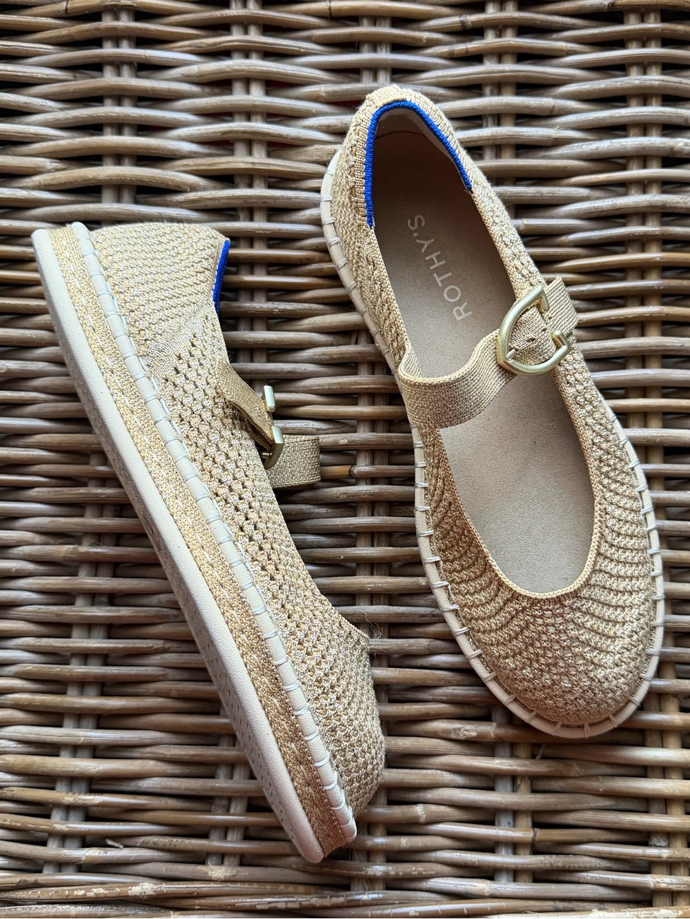 Rothy's The Espadrille Mary Jane Flats Size 8 Wren Beige Mesh Gold Buckle